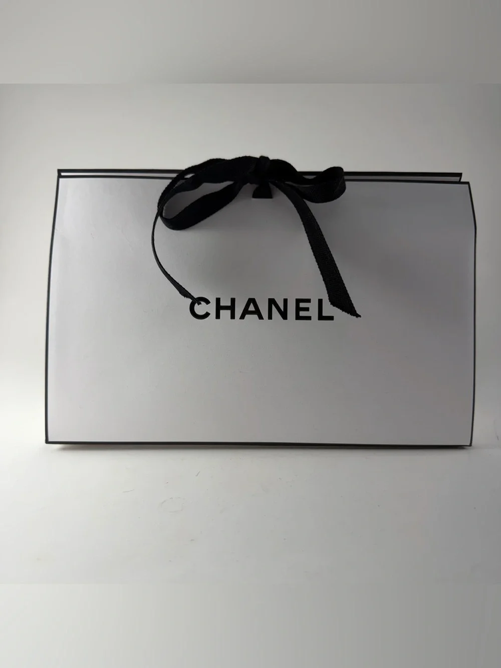 CHANEL White Black Gift Shopping Bag Ribbon Handles Authentic Boutique Packaging